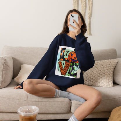 Halloween LOVE Crewneck Sweatshirt — Jack-O'-Lantern & Leopard Print Graphic