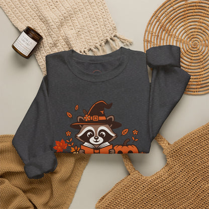 Halloween Raccoon Witch Sweatshirt – Cute Pumpkin & Spooky Book Crewneck