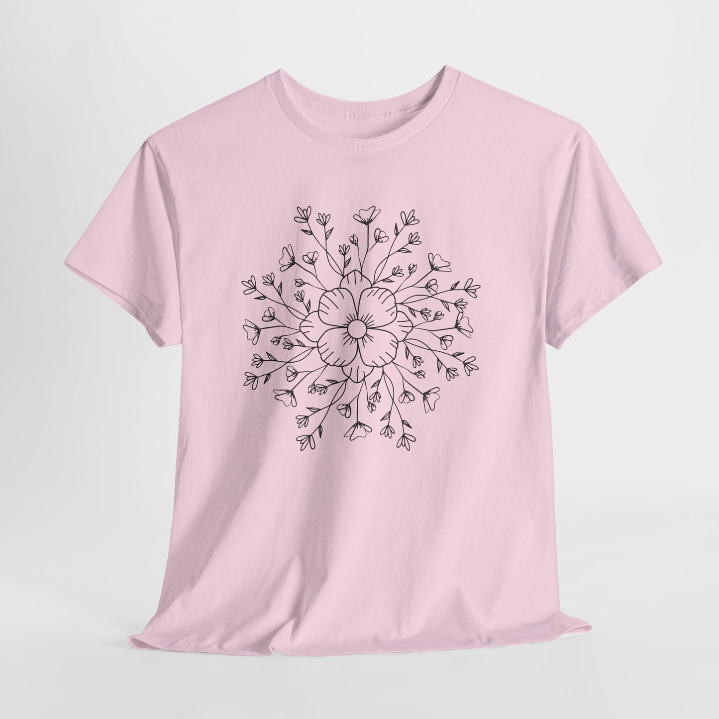 Floral Mandala Tee, Hand-Drawn Black Flower Graphic T-Shirt