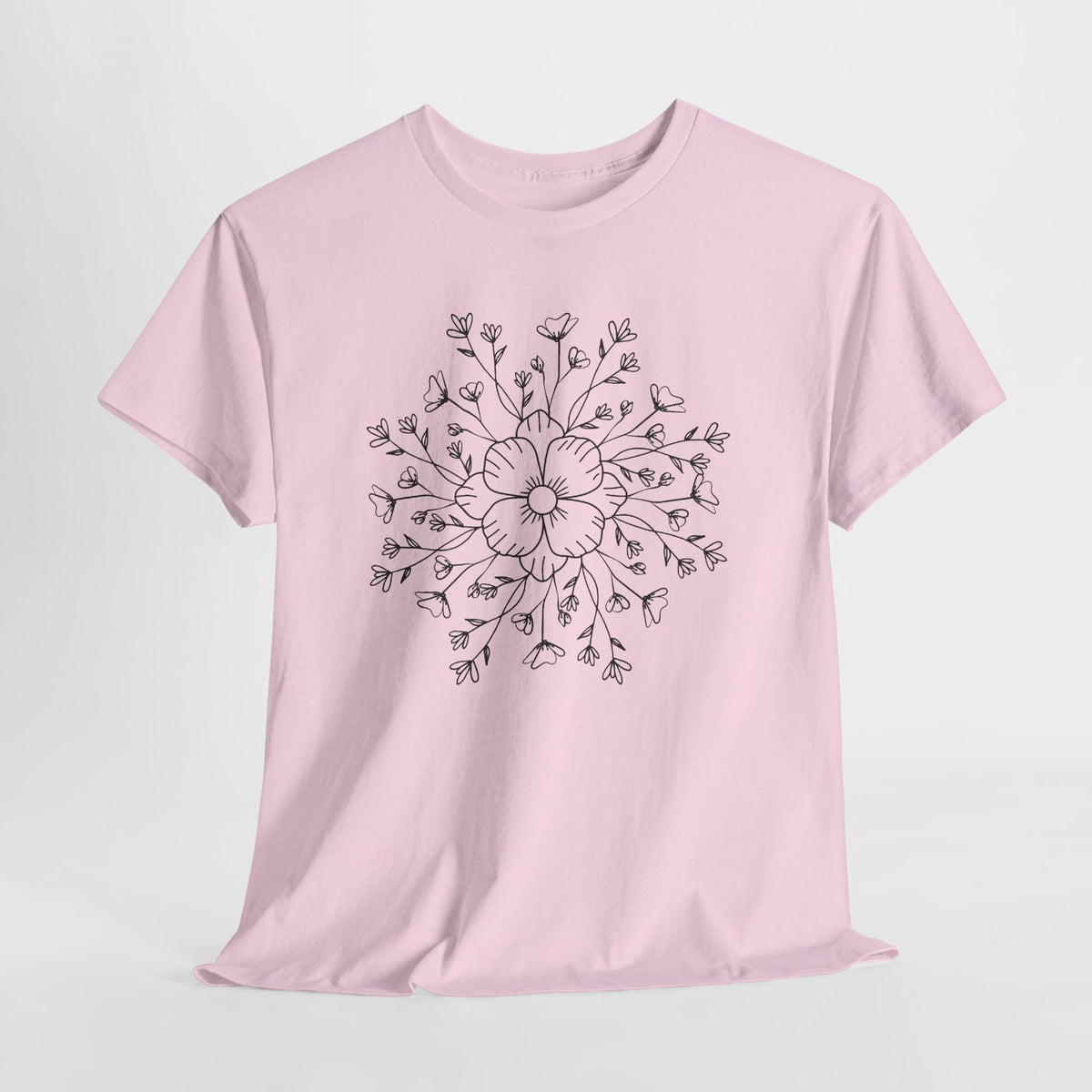 Floral Mandala Tee, Hand-Drawn Black Flower Graphic T-Shirt