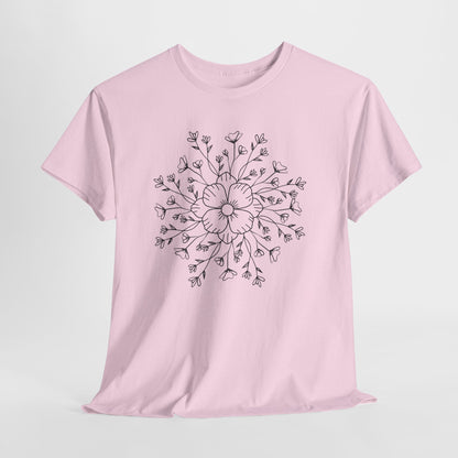 Floral Mandala Tee, Hand-Drawn Black Flower Graphic T-Shirt