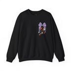 Black sweatshirt with a logo and text on a white background