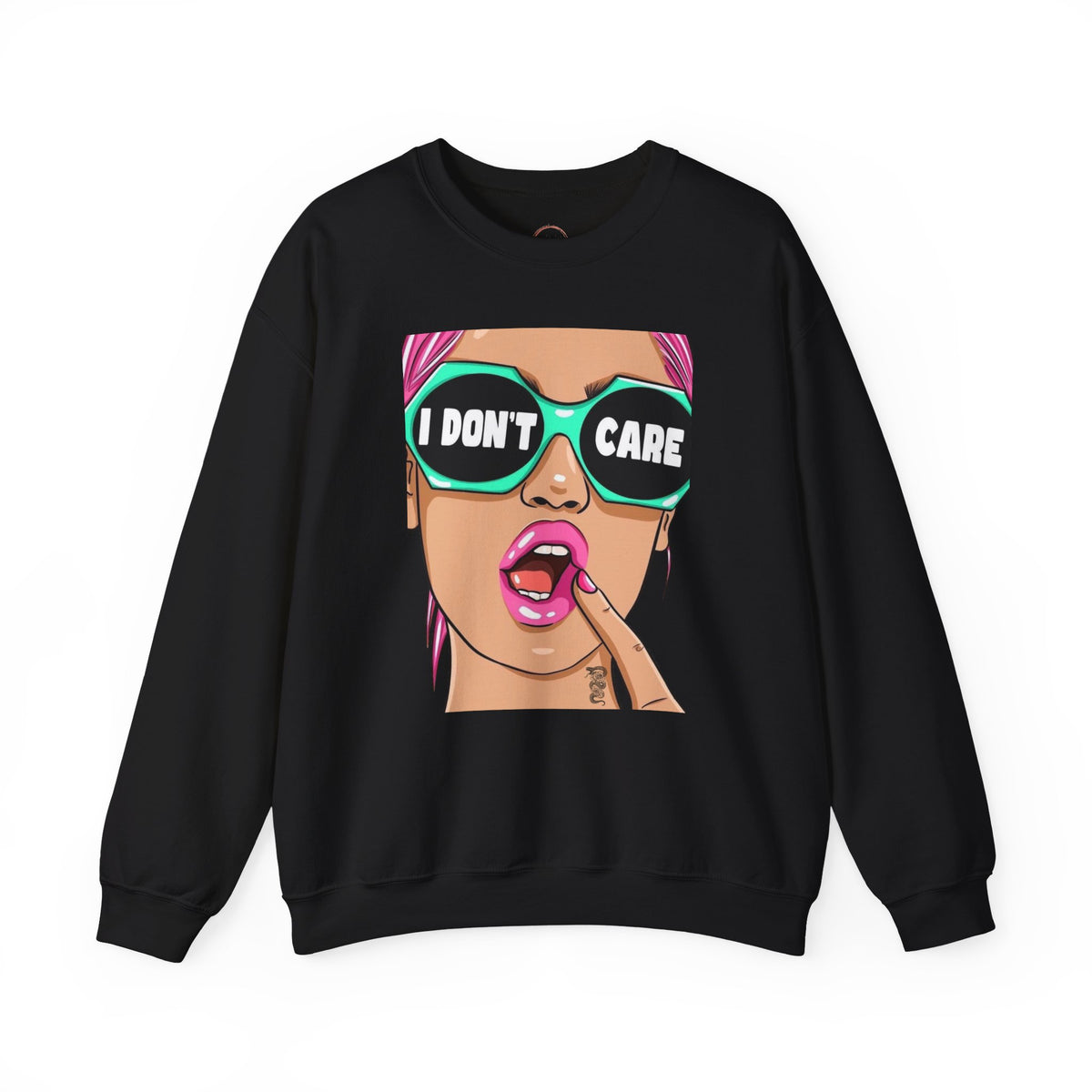A black crewneck sweatshirt featuring a colorful graphic print of a woman's face wearing green sunglasses with the text 'I DON'T CARE' on the lenses, shown against a plain white background.