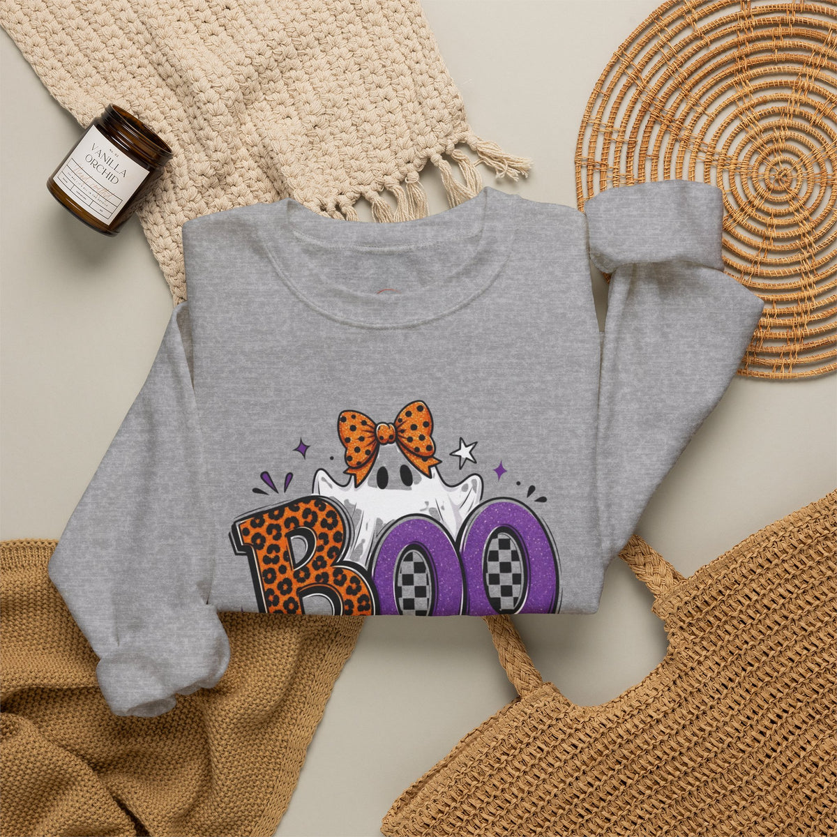 Boo Halloween Sweatshirt — Leopard & Purple Graphic Crewneck