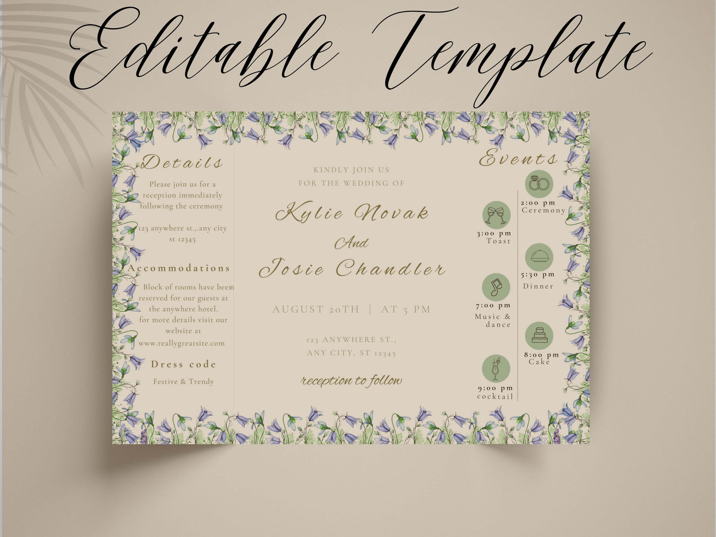 Blue Floral Gatefold Wedding Invitation | Elegant Folded Invite with Timeline | Botanical Watercolor Wedding Card | Qr Code Card. WI143