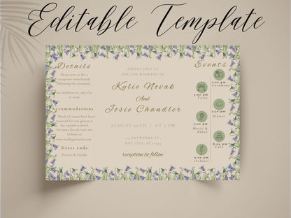Blue Floral Gatefold Wedding Invitation | Elegant Folded Invite with Timeline | Botanical Watercolor Wedding Card | Qr Code Card. WI143