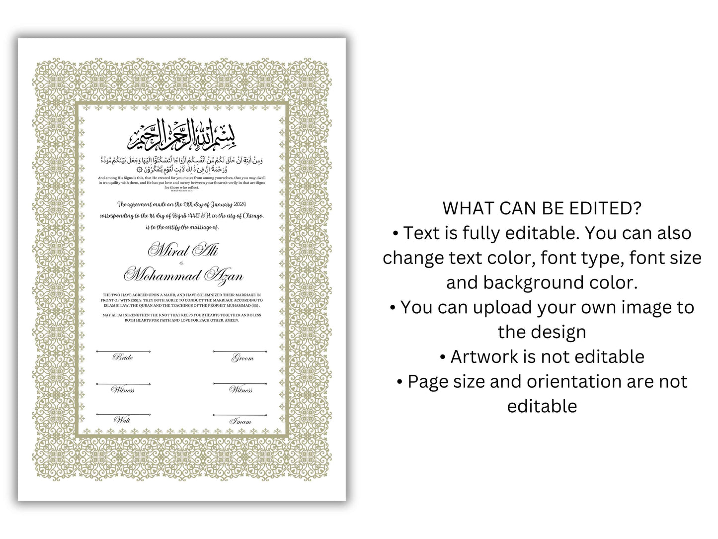 A4/A3 Nikkah Certificate, Nikkah Contract Template Editable, Printable Nikkahnama Template Marriage Contract. NN199