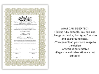 A4/A3 Nikkah Certificate, Nikkah Contract Template Editable, Printable Nikkahnama Template Marriage Contract. NN199