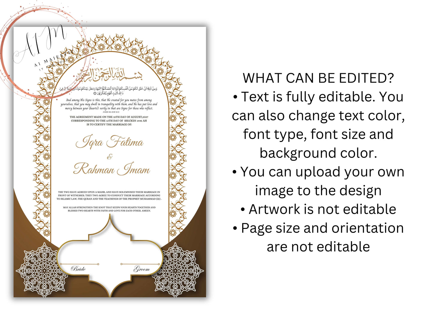 Nikkah Certificate Digital Download Personalised, A4, A3, Template, Editable, Purple Nikkah Nama, Nikkah Contract, Muslim Contract. NN288
