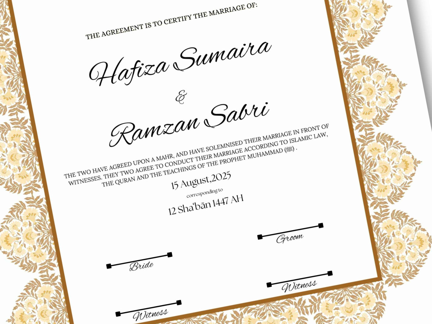 Luxury Nikkah Certificate, Premium A4 Islamic Wedding Contract, Nikkah Nama, Muslim Marriage Certificate, Personalised Names, A4, A3. NN295