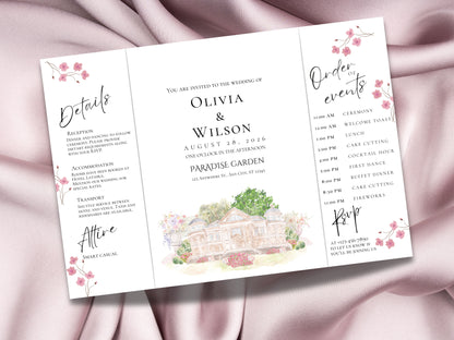 Elegant Trifold Wedding Invitation Template, Blossom Floral Wedding Invite, Editable Printable Invite, Garden Ceremony Card. WEIB121