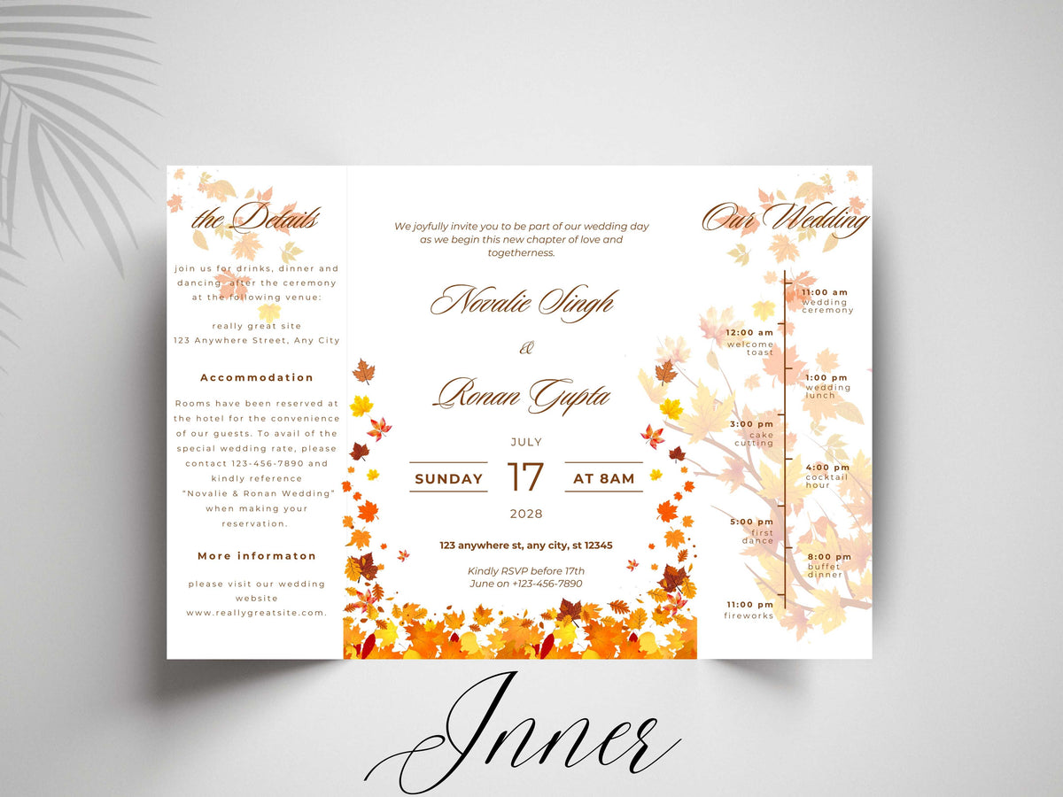 Autumn Wedding Card Template | Fall Leaves Wedding Details Card | Editable Timeline Program | Orange Wedding Invitation Printable. 174