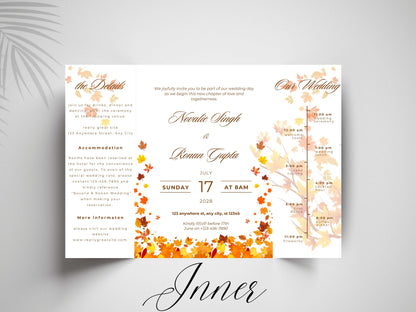 Autumn Wedding Card Template | Fall Leaves Wedding Details Card | Editable Timeline Program | Orange Wedding Invitation Printable. 174