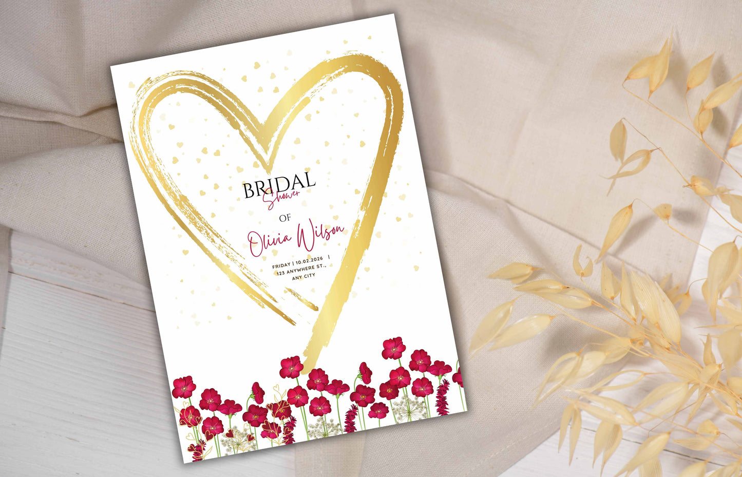 Red bridal shower invitation template, Red Wild Flower and Gold Heart invitation, 5 x 7 Editable Canva Template, Printable, B36