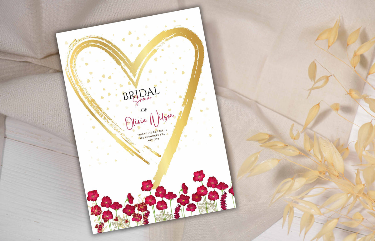 Red bridal shower invitation template, Red Wild Flower and Gold Heart invitation, 5 x 7 Editable Canva Template, Printable, B36
