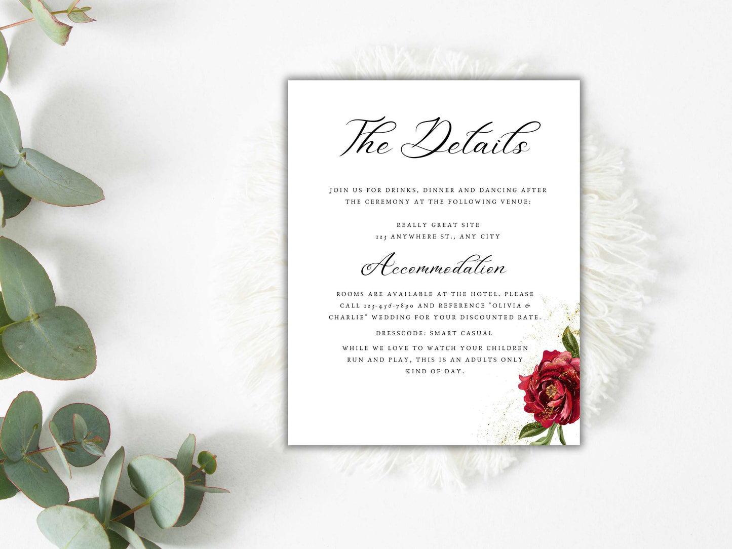 Red Rose Wedding Invitation set, Red Rose RSVP, Dark Red floral, Elegant Red Rose wedding Invitation, Details, Editable Template. 22