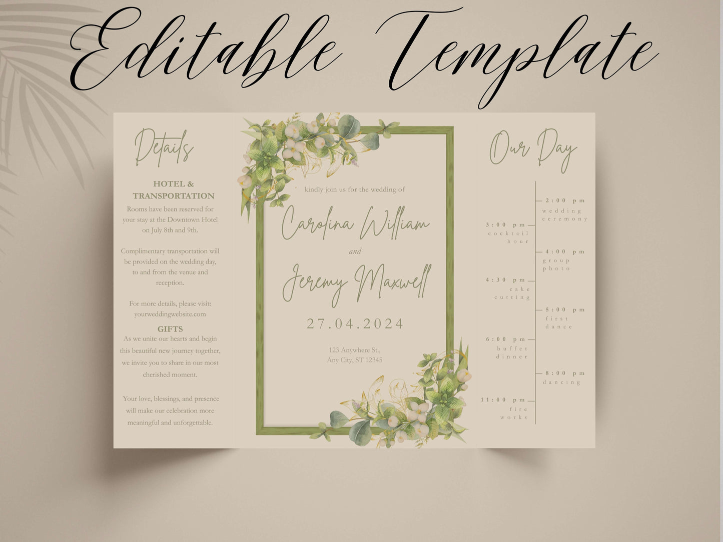 Greenery Wedding Invitation Template | Floral Timeline Itinerary Card | Rustic Botanical Printable Wedding Program. WI148