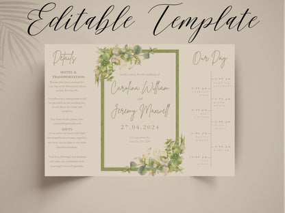 Greenery Wedding Invitation Template | Floral Timeline Itinerary Card | Rustic Botanical Printable Wedding Program. WI148