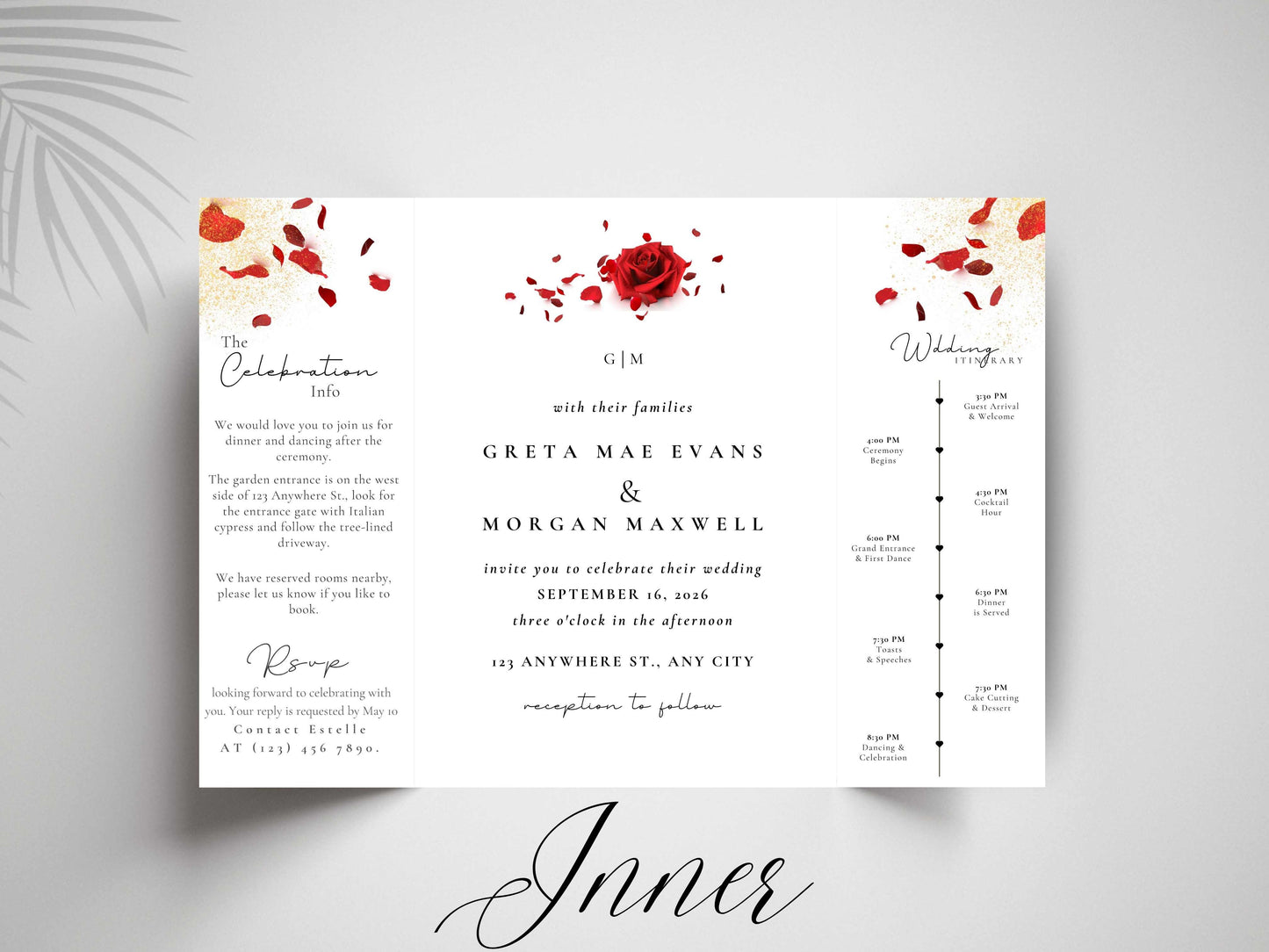 Red Rose Wedding Invitation Template - Gatefold Floral Invite with Itinerary - Elegant Modern Printable Wedding Card. WI157