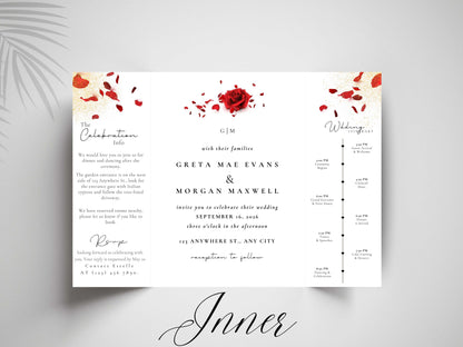 Red Rose Wedding Invitation Template - Gatefold Floral Invite with Itinerary - Elegant Modern Printable Wedding Card. WI157