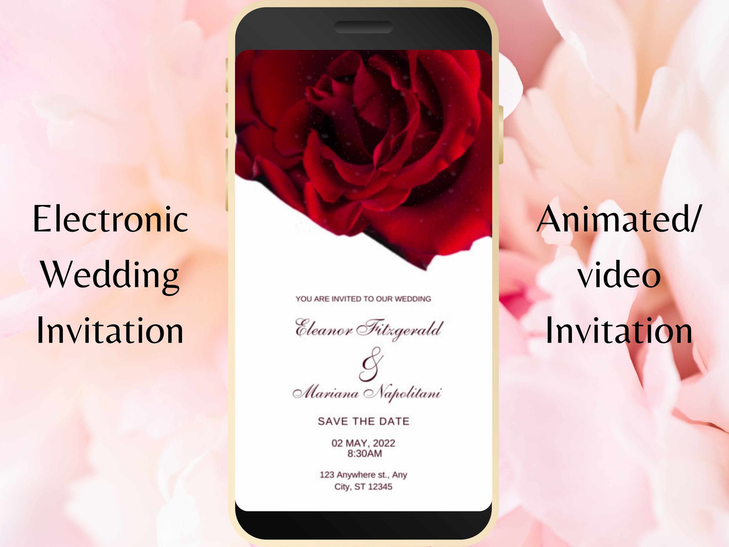 Red Rose Wedding Evite Template, Electronic Wedding Invitation, Red Rose video Wedding Invitation, Text Message, Mobile Phone Invite. WEI30