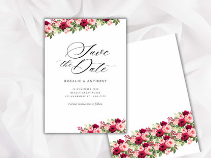 Red wedding invitation template set, printable invite suite editable rsvp details card, pink floral wedding card, wc83