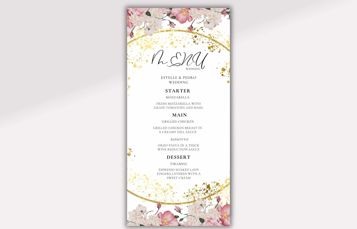 Wedding Menu Template Download, Pink Rose Wedding Menu Card, Menu Template, Wedding Menu, , Modern Dinner Menu, Instant Download, WS50