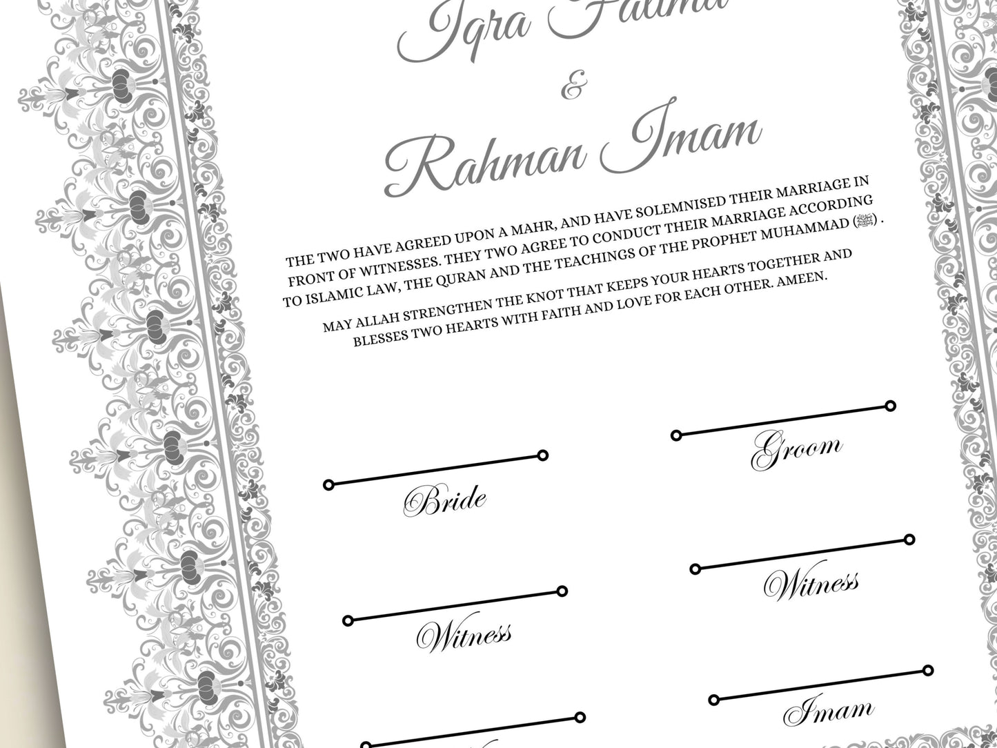 Nikkah Certificate, Nikkahnama, Nikahnama, Muslim Contract, Personalised, A4, A3, Template, Instat Download. NN271