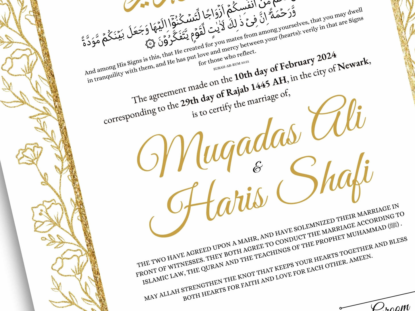 Gold Floral Nikkah Certificate Digital Download Personalised, A4, A3, Template, Instat Download. NN206