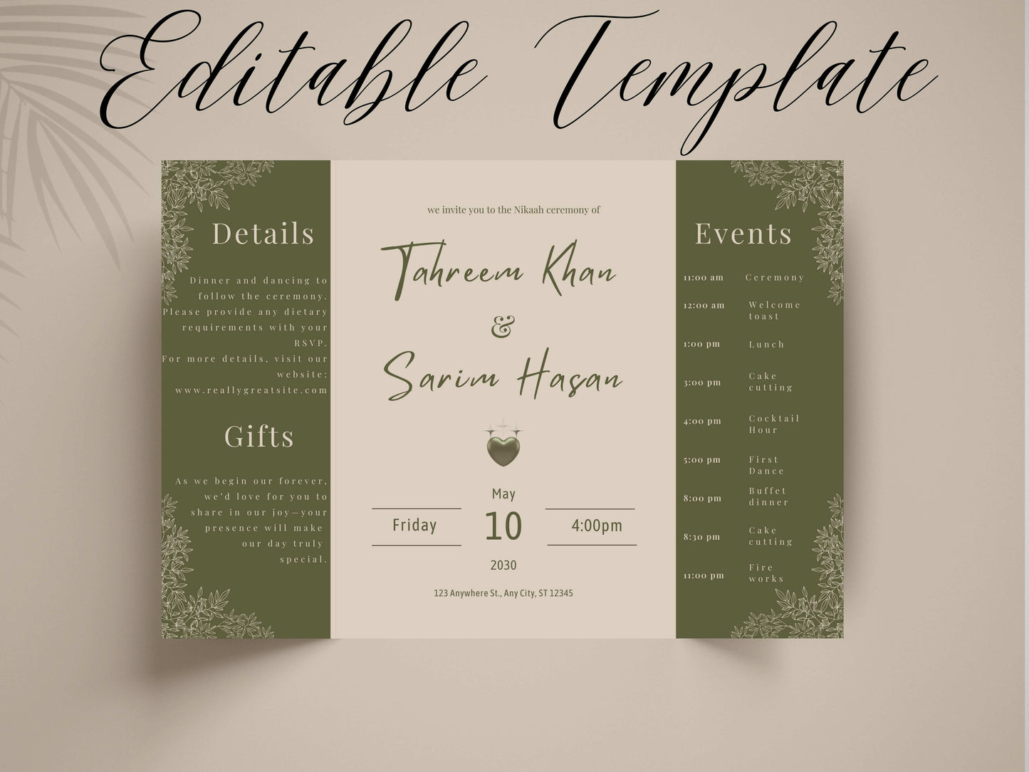 Elegant Green Floral Wedding Invitation Template | Modern Folded Wedding Invite with Timeline | Printable Wedding Suite. WI151