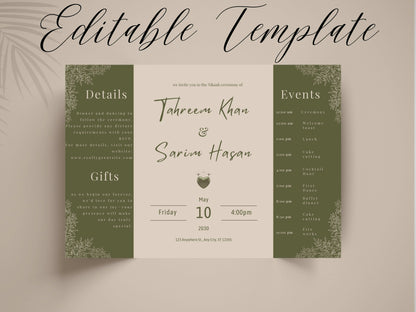 Elegant Green Floral Wedding Invitation Template | Modern Folded Wedding Invite with Timeline | Printable Wedding Suite. WI151