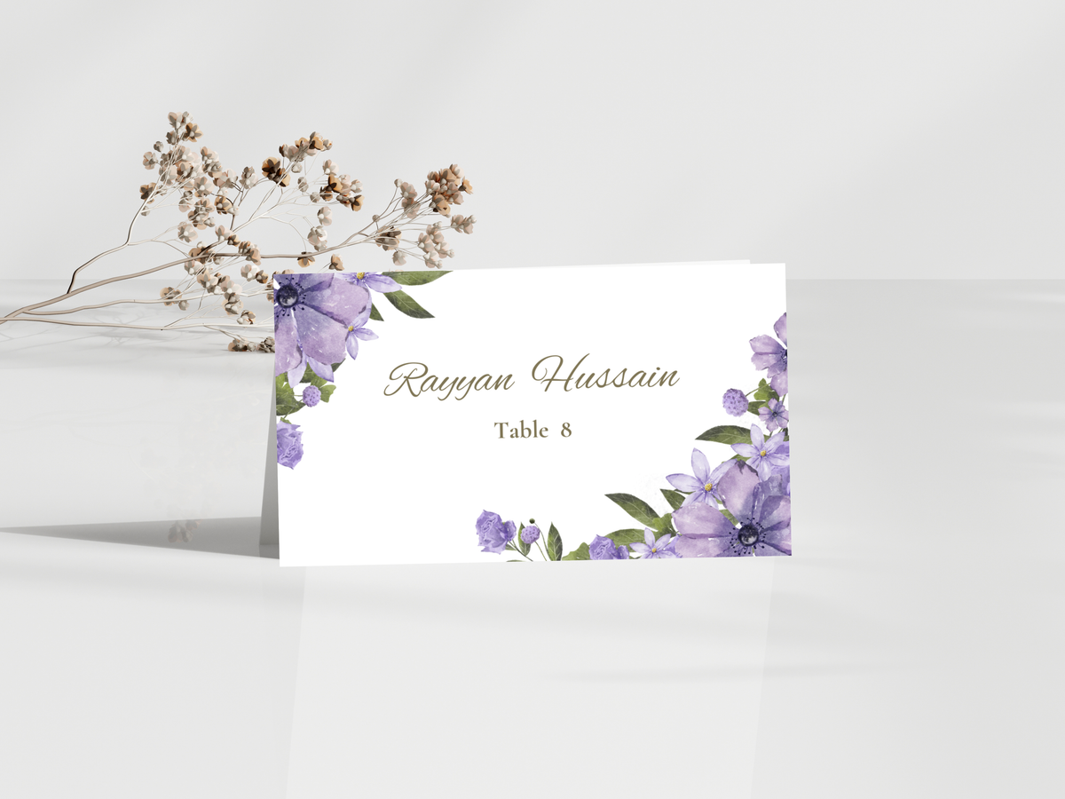 Lavender Floral Wedding Menu & Thank You Template | Editable Canva Place Card. WI204