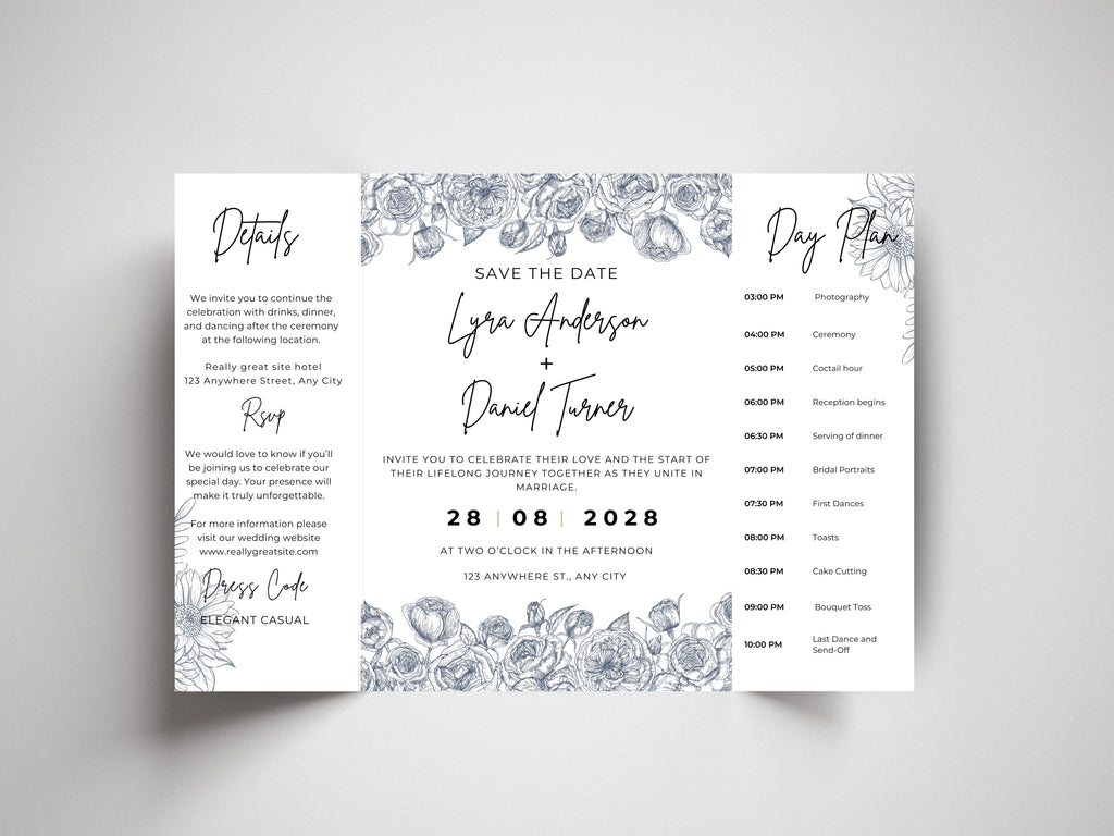 Gatefold Wedding Invitation Template | Minimalist Floral Wedding Invite | Modern Save the Date Template | Printable Wedding Suite. WI186