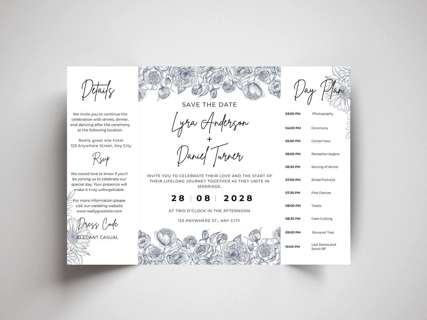 Gatefold Wedding Invitation Template | Minimalist Floral Wedding Invite | Modern Save the Date Template | Printable Wedding Suite. WI186