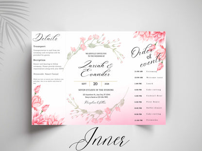 Pink Floral Wedding Invitation Template, Editable Order of Events Card, Modern Wedding Itinerary, Printable Wedding Invite Suite. 171