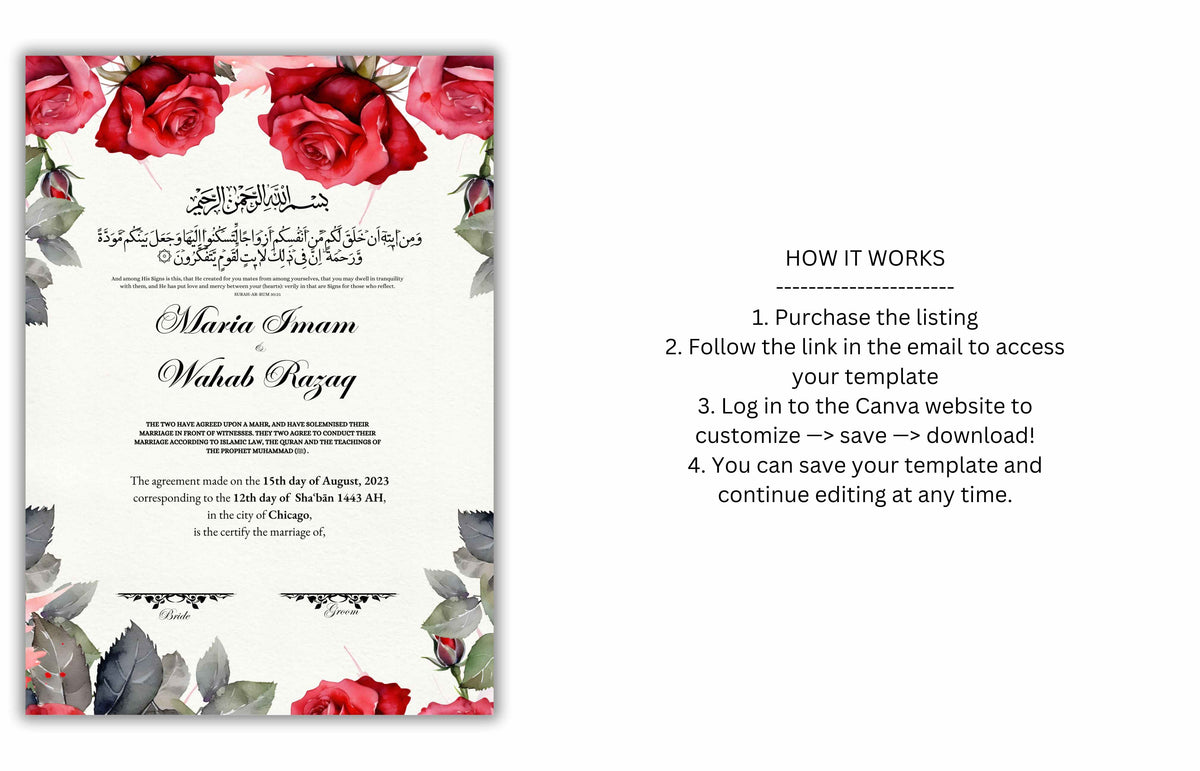 Nikkah Certificate Digital Download Personalised, A4, A3, Template, Instat Download. NN194