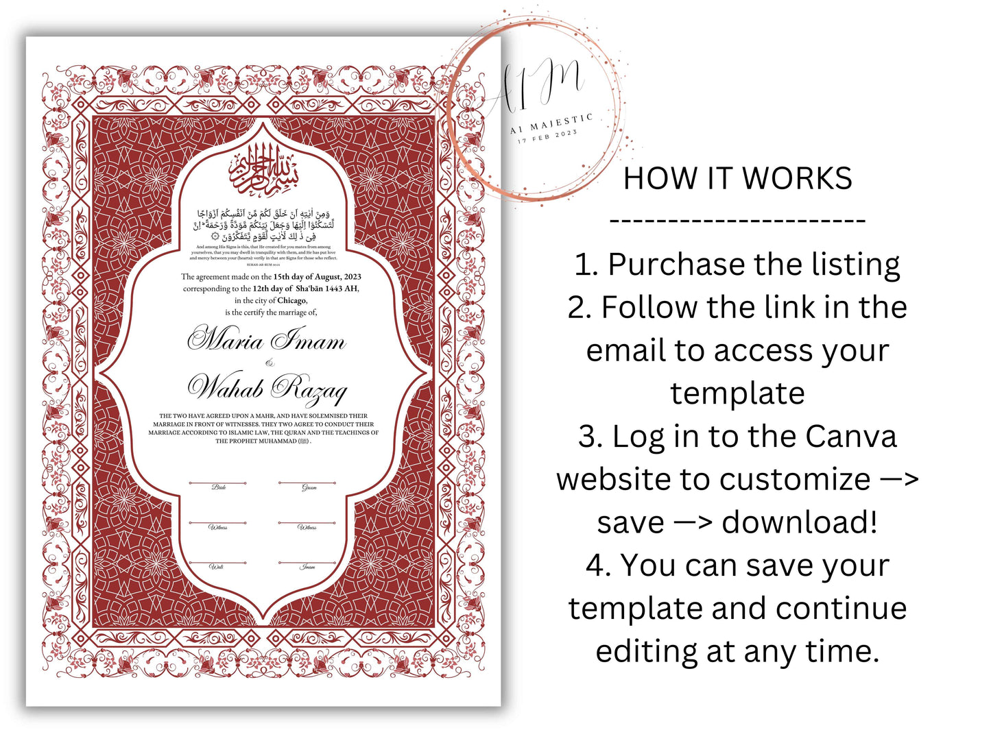 Nikkah Contract Template,Printable Nikkah Contract,Editable Nikkahnama, Muslim Wedding Certificate,Digital Download,Islamic Marriage. NN193