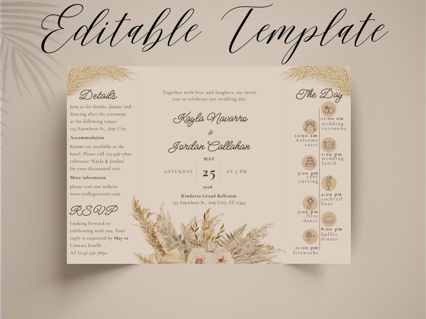 Rustic Gatefold Wedding Invitation | Boho Folded Invite with Timeline | Neutral Beige Floral Wedding Card | RSVP. WI142