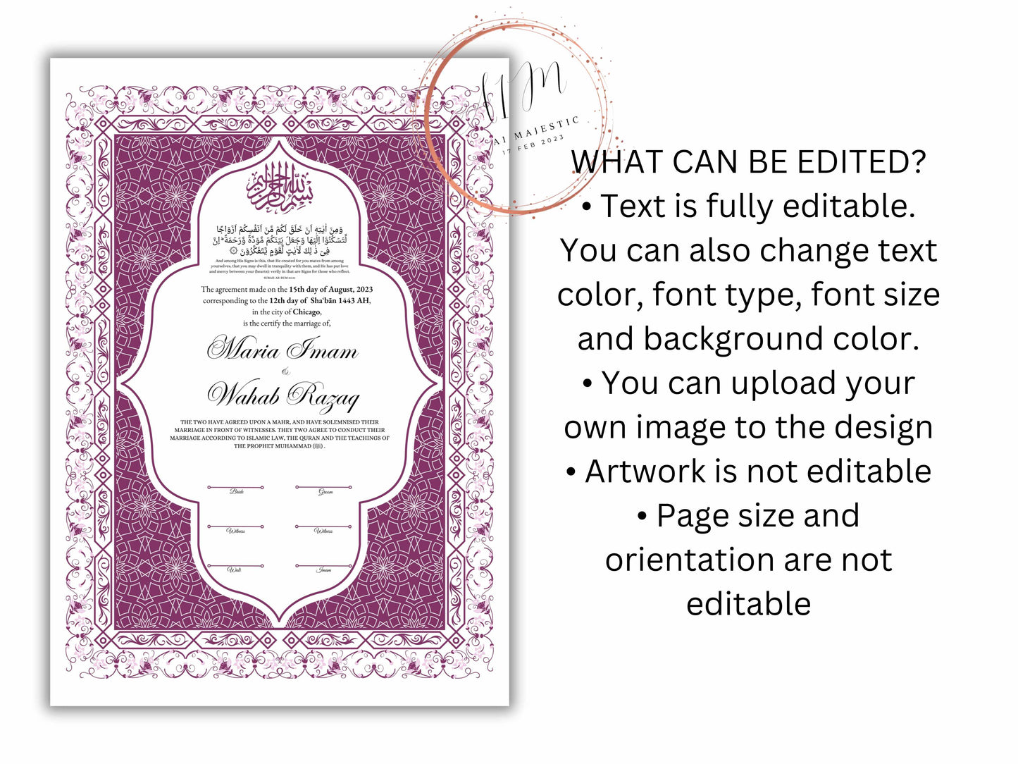 Nikkah Certificate Digital Download Personalized, Luxury Nikkah Contract, Islamic Wedding Contract, Personalized Muslim Wedding Gift. NN192