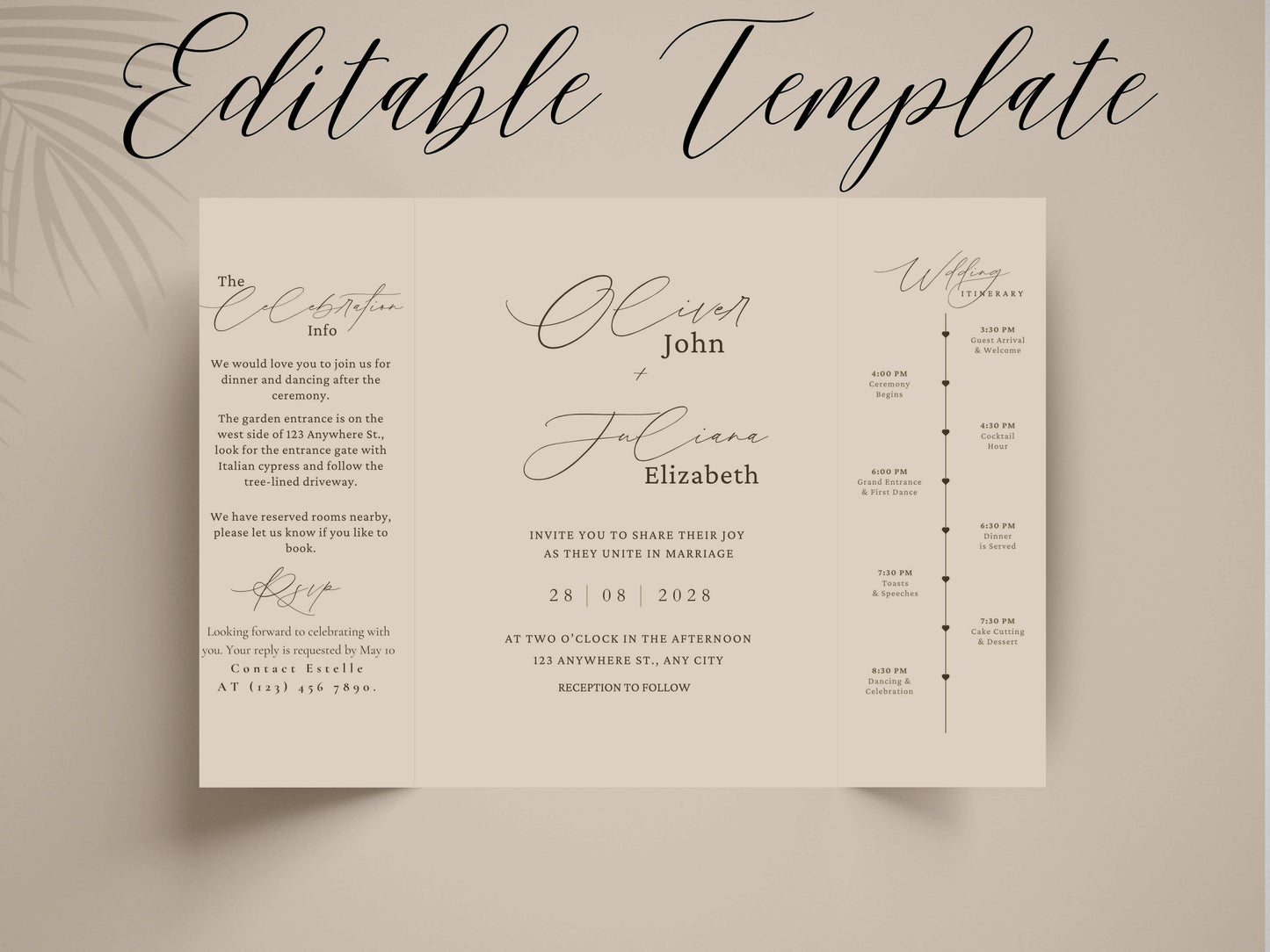 Minimalist Gatefold Wedding Invitation | Modern Elegant Wedding Card | Simple Wedding Invite with Details. WI156