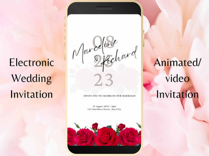 Red Rose Wedding Invitation, Electronic Wedding Invite Template , Minimalist Evite, Red Rose Wedding Evite, Templett. WEI41