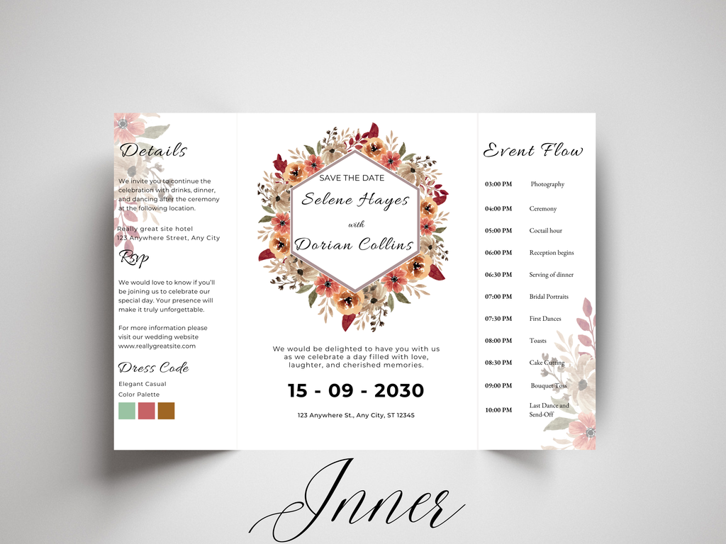 Rustic Floral Gatefold Wedding Invitation Template | Boho Save the Date & Event | Editable Invitation Suite | Fall Wedding Template. WI182