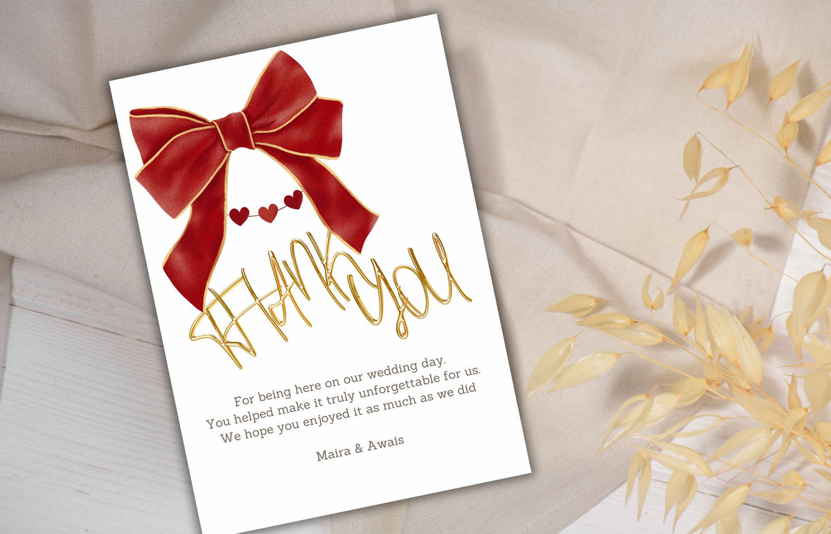 Bow Wedding Thank you Card, Ribbon Thank you Template, Red and White, Coquette Marriage Template, Minimalist Design. WS47