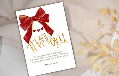 Bow Wedding Thank you Card, Ribbon Thank you Template, Red and White, Coquette Marriage Template, Minimalist Design. WS47