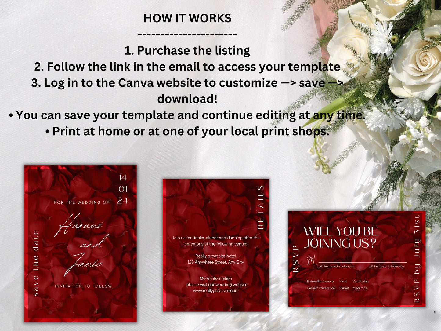 Red Rose Petals Wedding Invitation set, Red Rose RSVP, Red Rose Petals Wedding Invitation, Details, Editable,Template, WT59