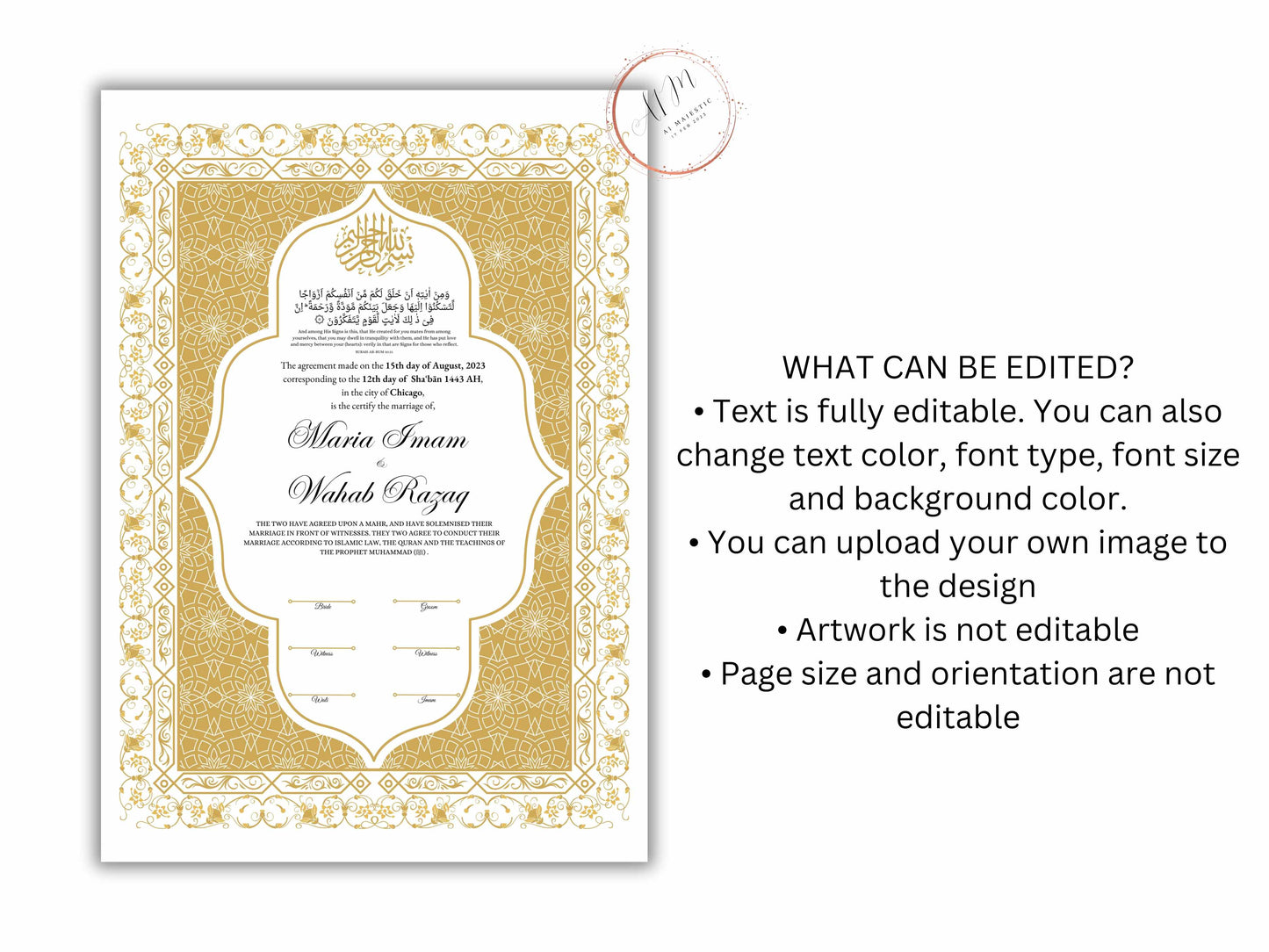 Premium Nikkah Contract | Custom Nikkah Nama | Islamic Wedding Contract | Personalized | Digital Printable Nikkah Certificate. NN187