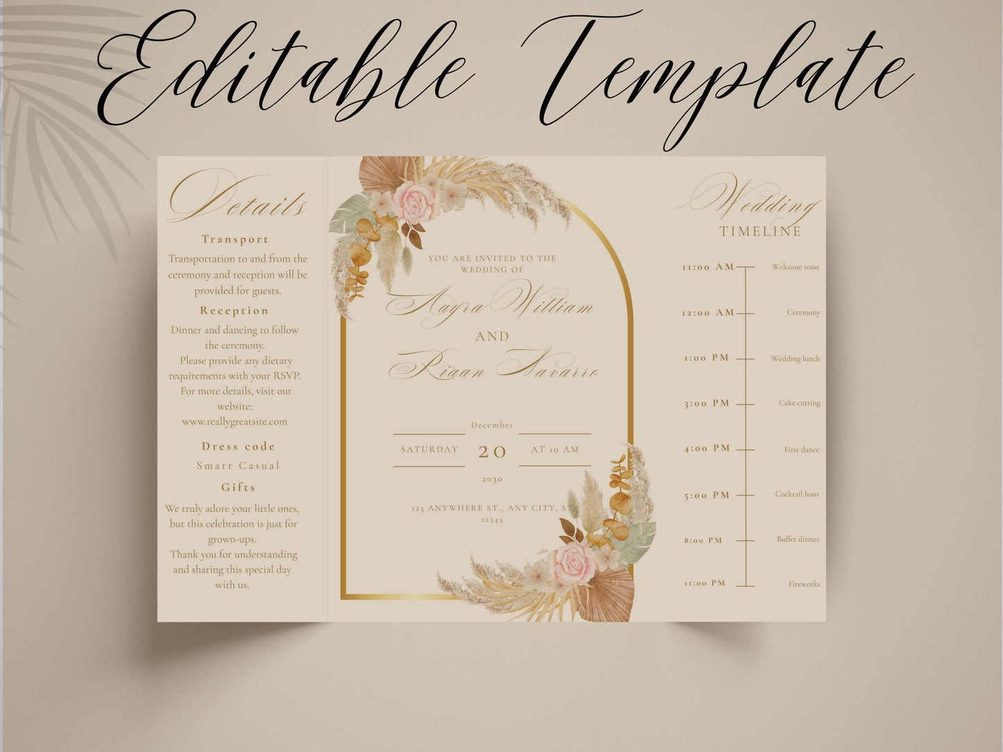 Elegant Wedding Invitation Template | Boho Floral Arch Invite with Timeline | Printable Details Card | Modern Wedding Stationery Suite.WI149