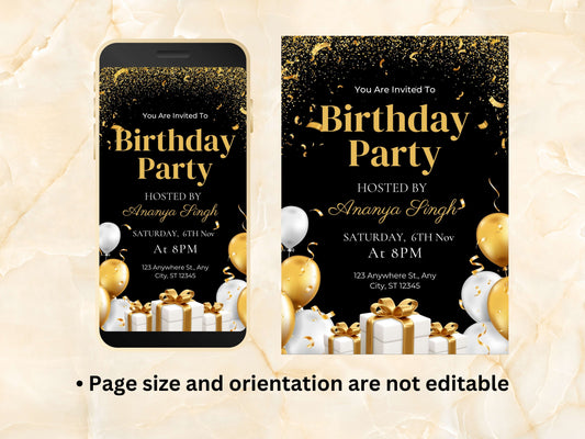 Video Birthday Invite Digital, Text Birthday Invite, Animated Birthday Invite, Black Birthday Invitation, 5 x 7 card Invitation. WEIB76