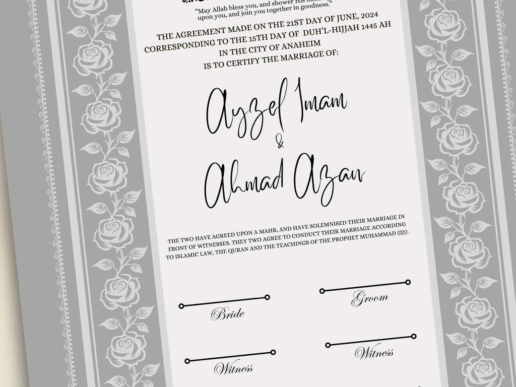 Rose Nikkah Certificate Template, Editable Nikkahnama, Printable Nikah Contract, Muslim Contract, Nikkah Islamic Marriage Contract.NN256