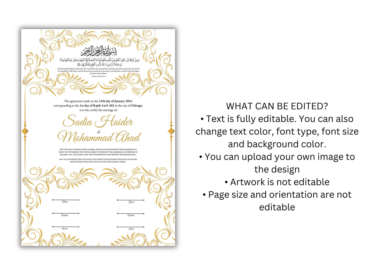 Luxury Nikkah Certificate in Pdf, Nikkah Contract Template, Traditional Islamic Wedding Agreement, Digital Download. NN197